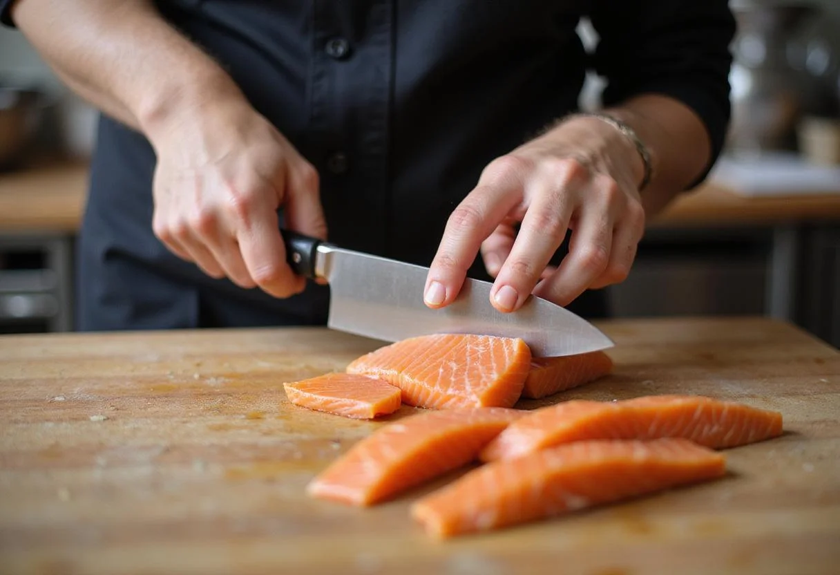 Chef expertly slicing sushi-grade fish for Love's Premium Sushi Menu, highlighting the freshness and quality of ingredients.