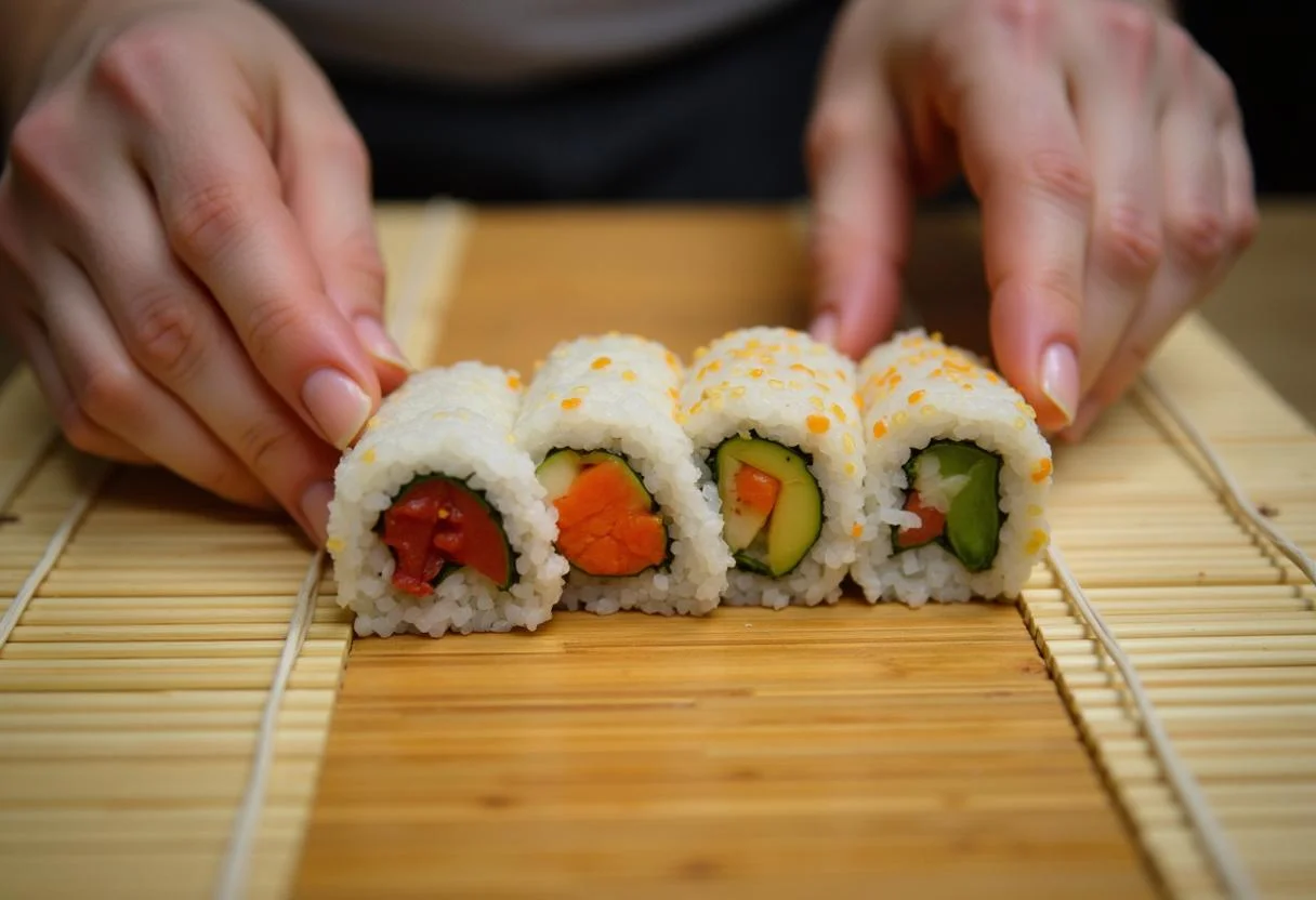 Rolling a colorful sushi roll for Love's Premium Sushi Menu, demonstrating the technique of sushi preparation.