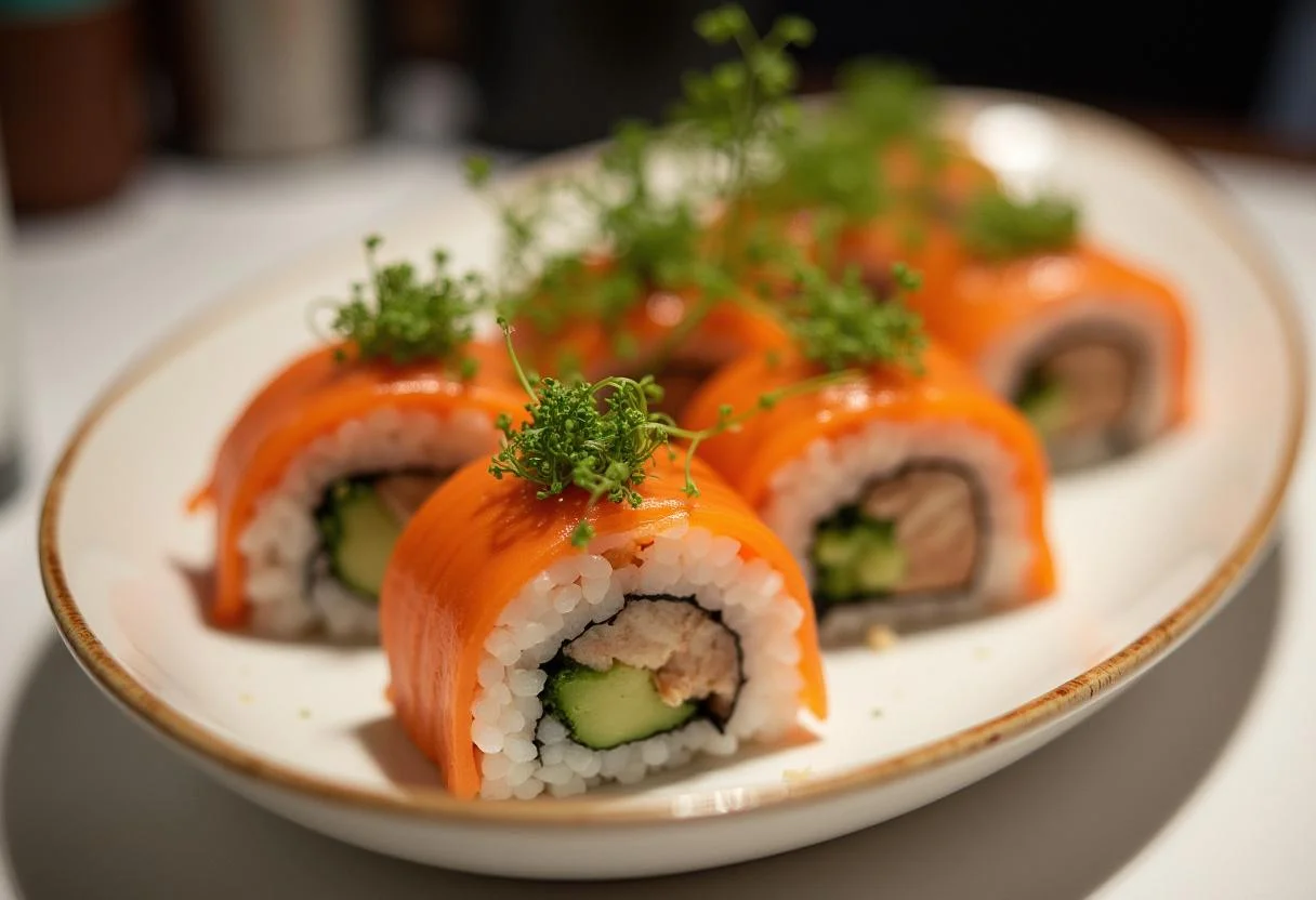 Artistic presentation of Love's Premium Sushi Menu on a plate, showcasing the vibrant colors and garnishes of the sushi.