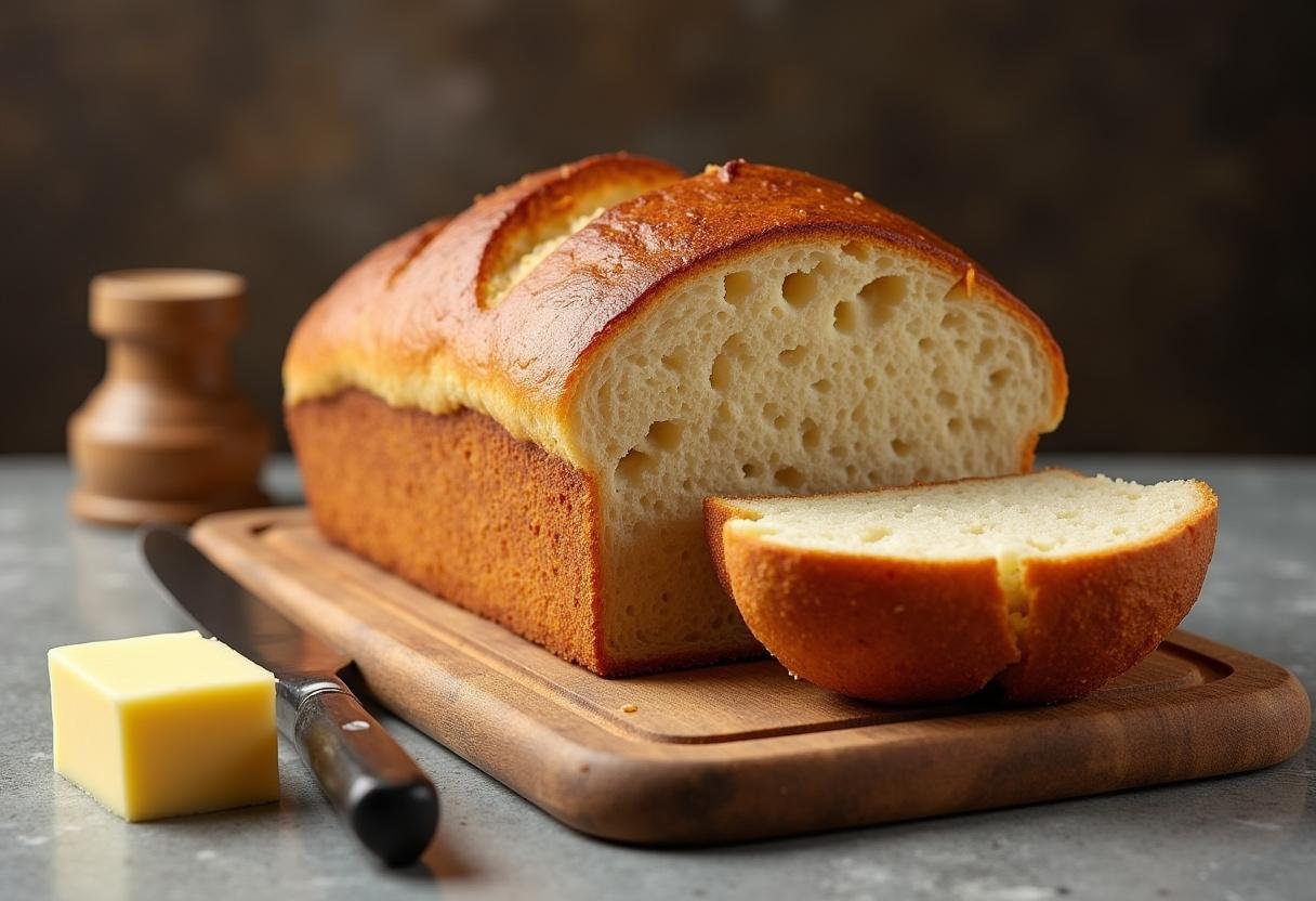 Freshly baked miche bread loaf made with einkorn flour, showcasing its golden crust and soft texture, perfect for serving.