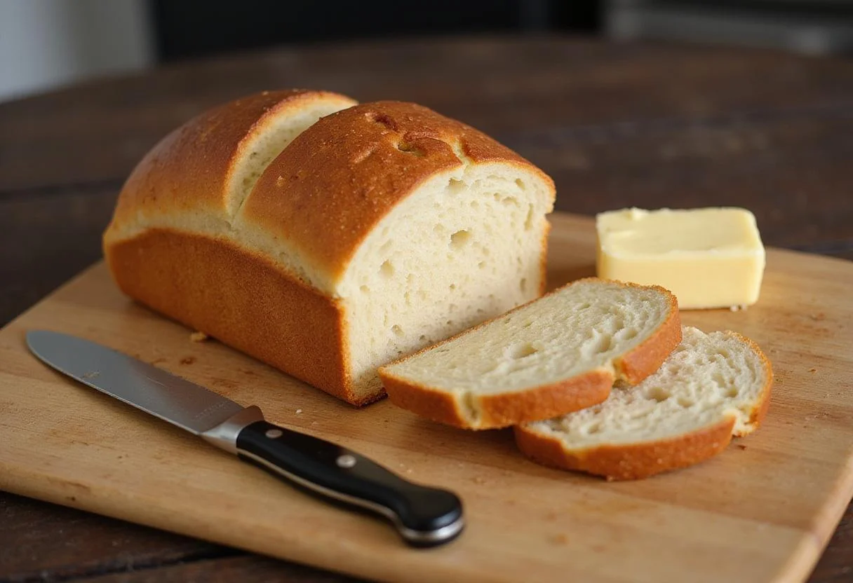 Freshly baked miche bread loaf made with einkorn flour, showcasing its golden crust and soft texture, perfect for serving.