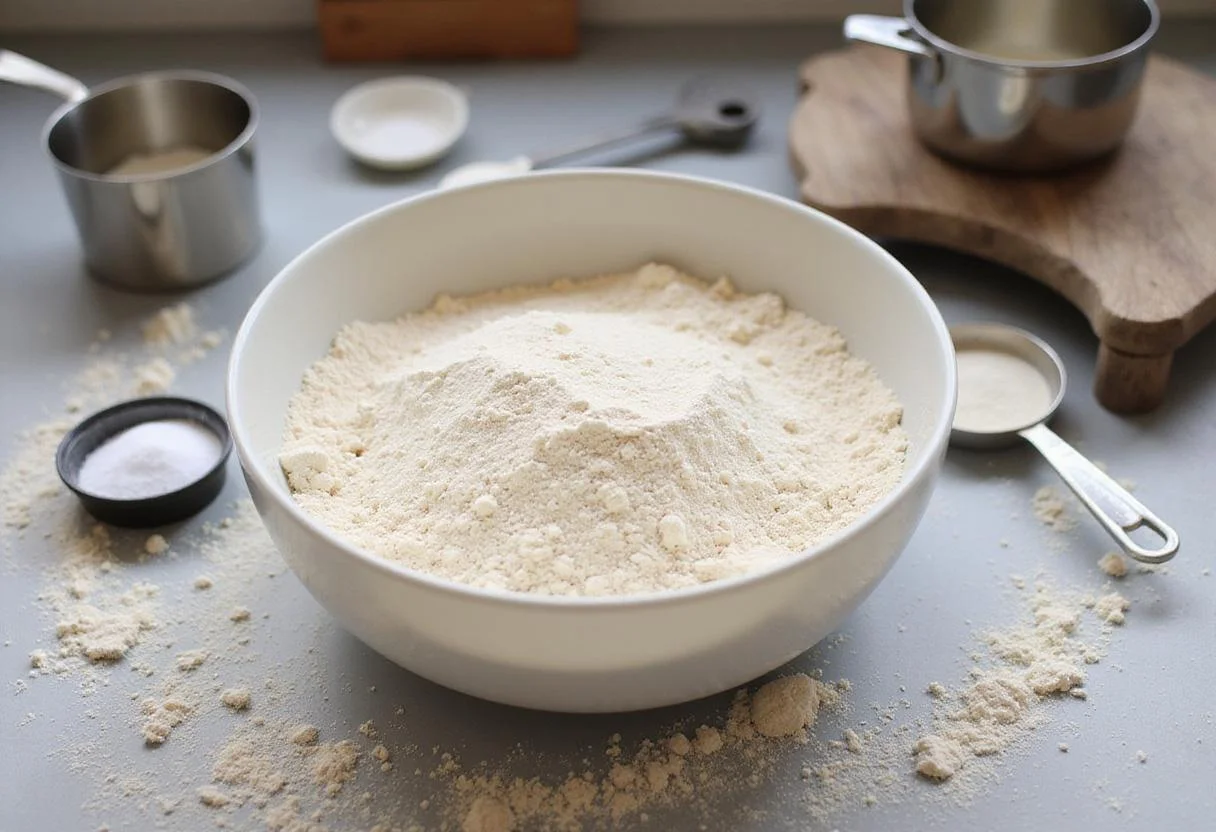 Sifted einkorn flour for authentic miche bread loaf preparation with ingredients neatly arranged for baking.