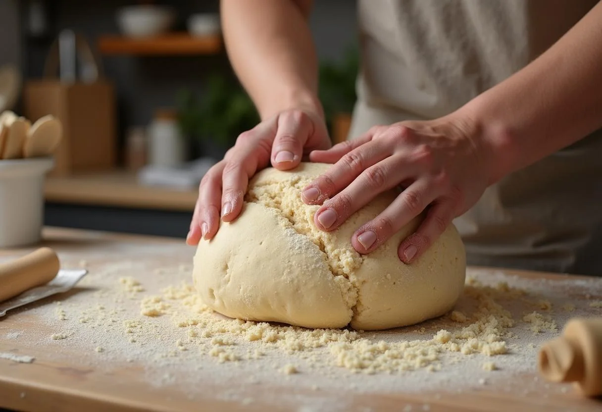 Kneading einkorn dough for miche bread loaf, demonstrating the process of creating a soft and elastic bread mixture.