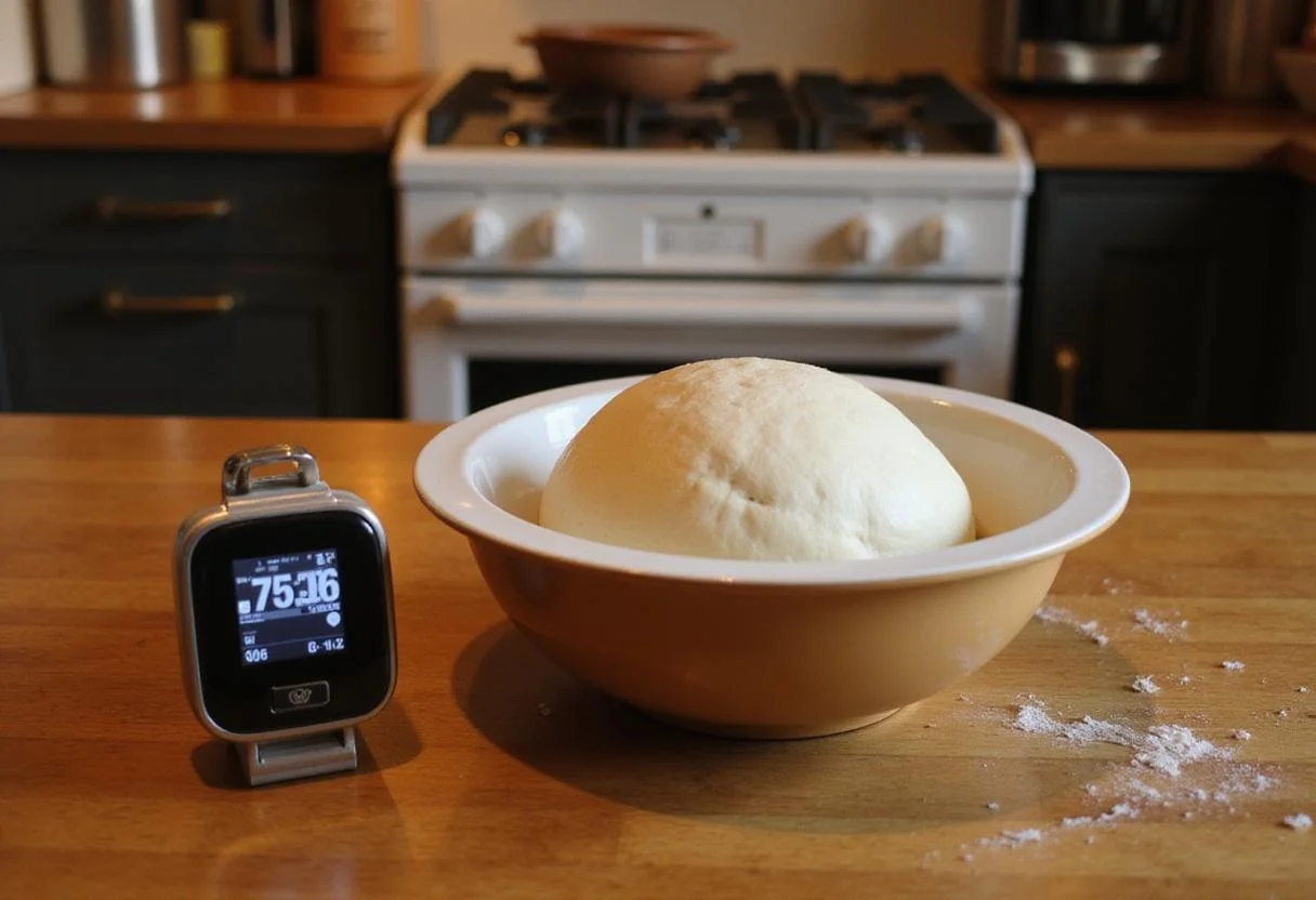 Dough rising for miche bread, capturing the fermentation process in a cozy kitchen setting with dough covered for optimal rising.