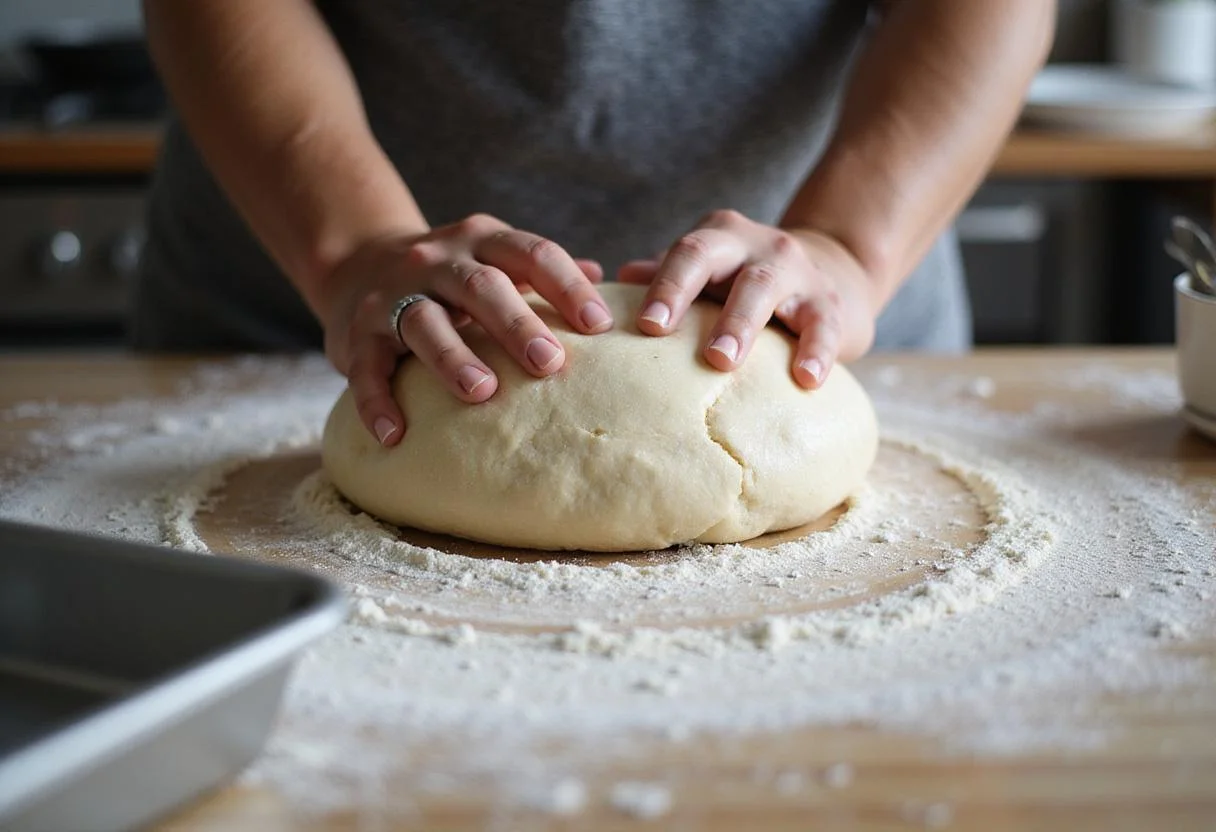 Shaping risen einkorn dough for a miche bread loaf, showcasing the artisanal process and the baker's skill.