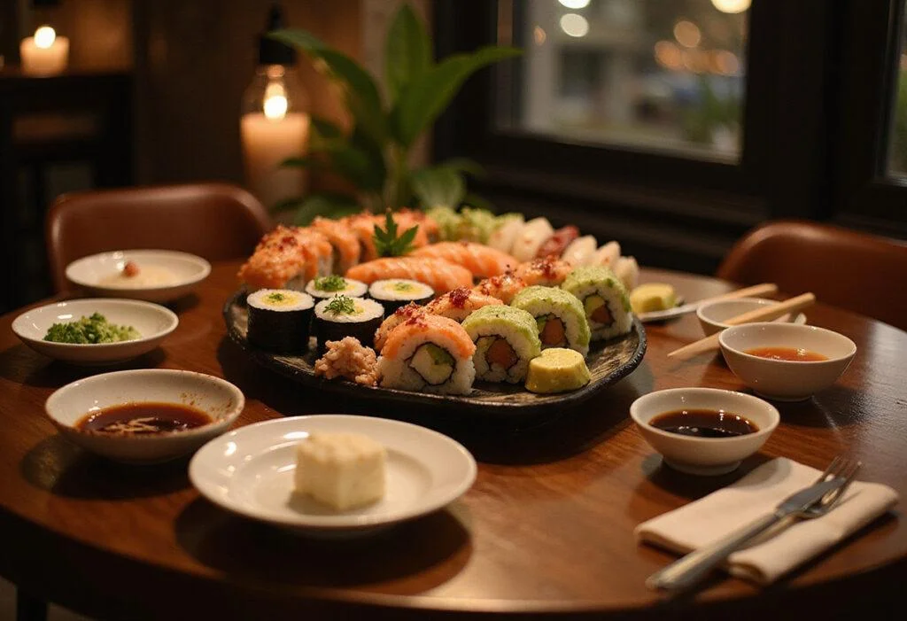 Mika's exquisite sushi served with attention to detail, creating a stunning dining tableau that reflects the beauty and flavor of sushi culture.