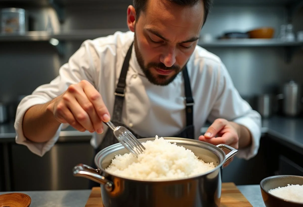 Mika's sushi preparation scene, washing sushi rice with care and precision, essential for making quality mika sushi.