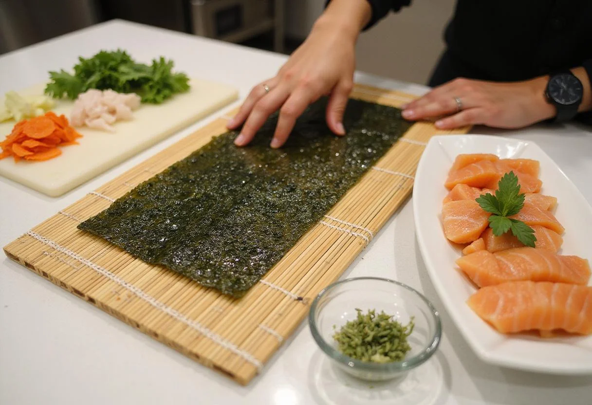 Preparation of Mika's exquisite sushi, showcasing the tools and ingredients like nori and fresh vegetables, laying the foundation for delicious sushi.