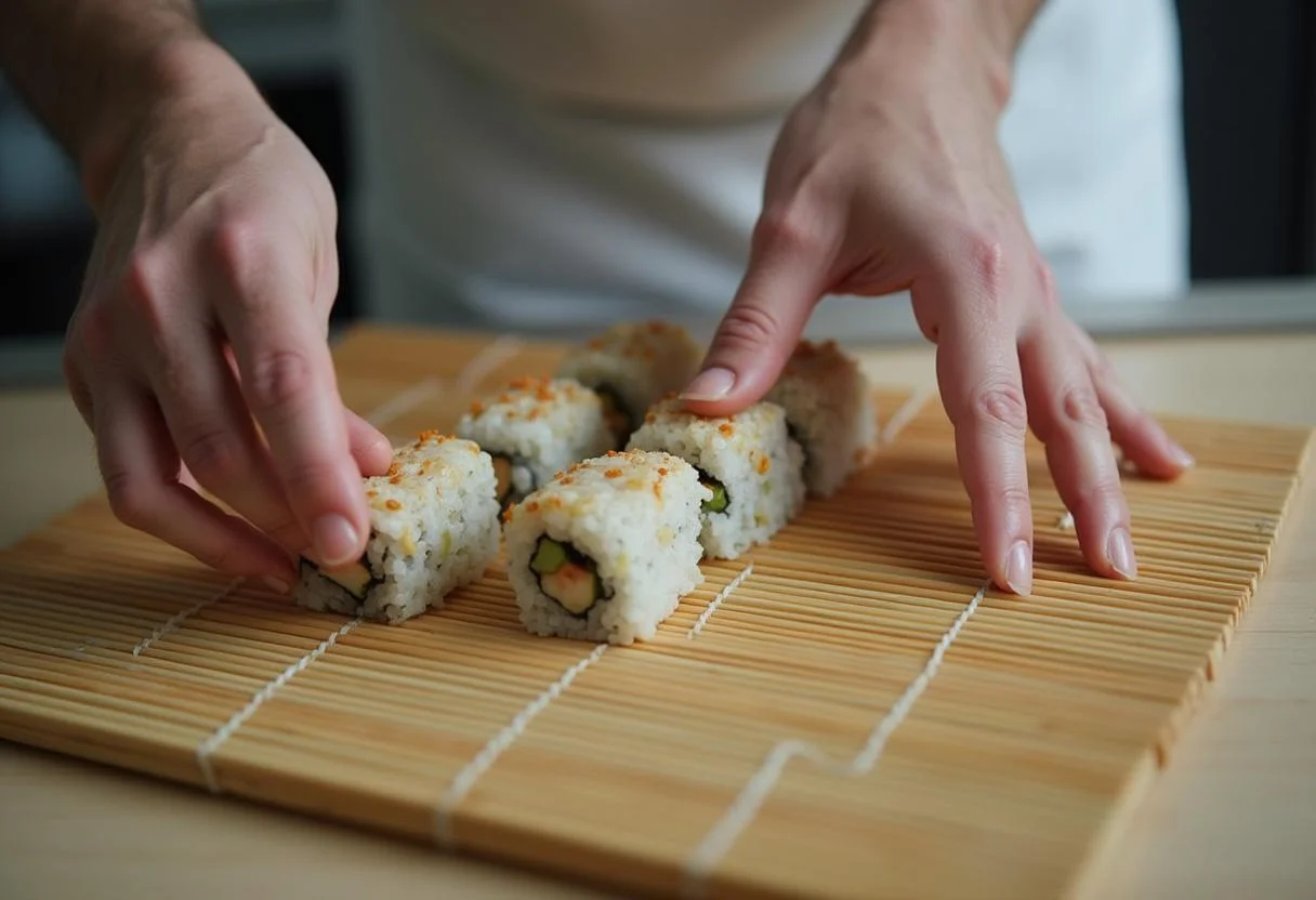 Mika's sushi rolling technique, illustrating the careful process of rolling sushi with vibrant fillings, emphasizing craftsmanship in sushi making.