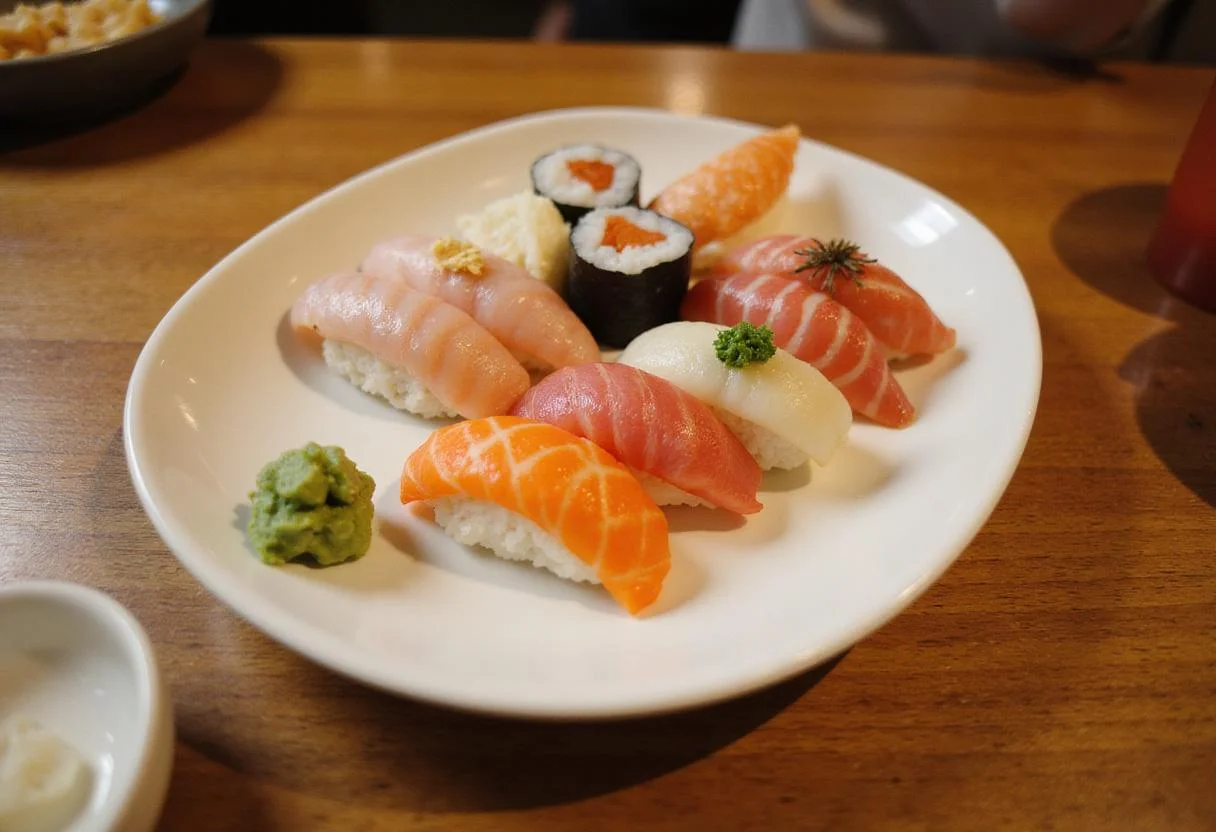Final presentation of Mika's exquisite sushi, an artful display of fresh sushi types, highlighting gourmet sushi aesthetics for an impressive meal.