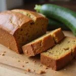 Finished moist zucchini bread displayed on a cutting board, highlighting its delicious texture and quality.