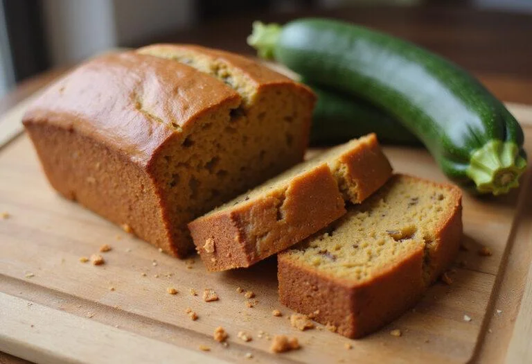 Finished moist zucchini bread displayed on a cutting board, highlighting its delicious texture and quality.