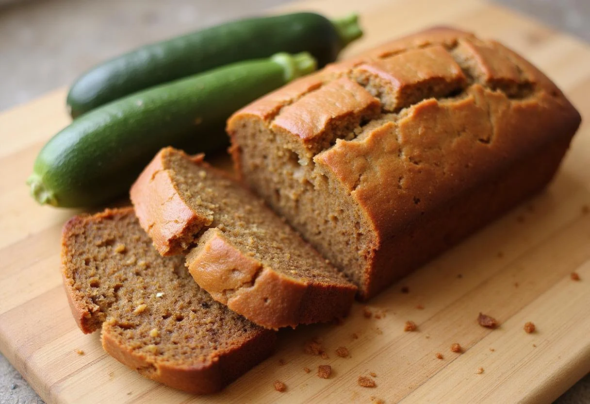 Finished moist zucchini bread displayed on a cutting board, highlighting its delicious texture and quality.