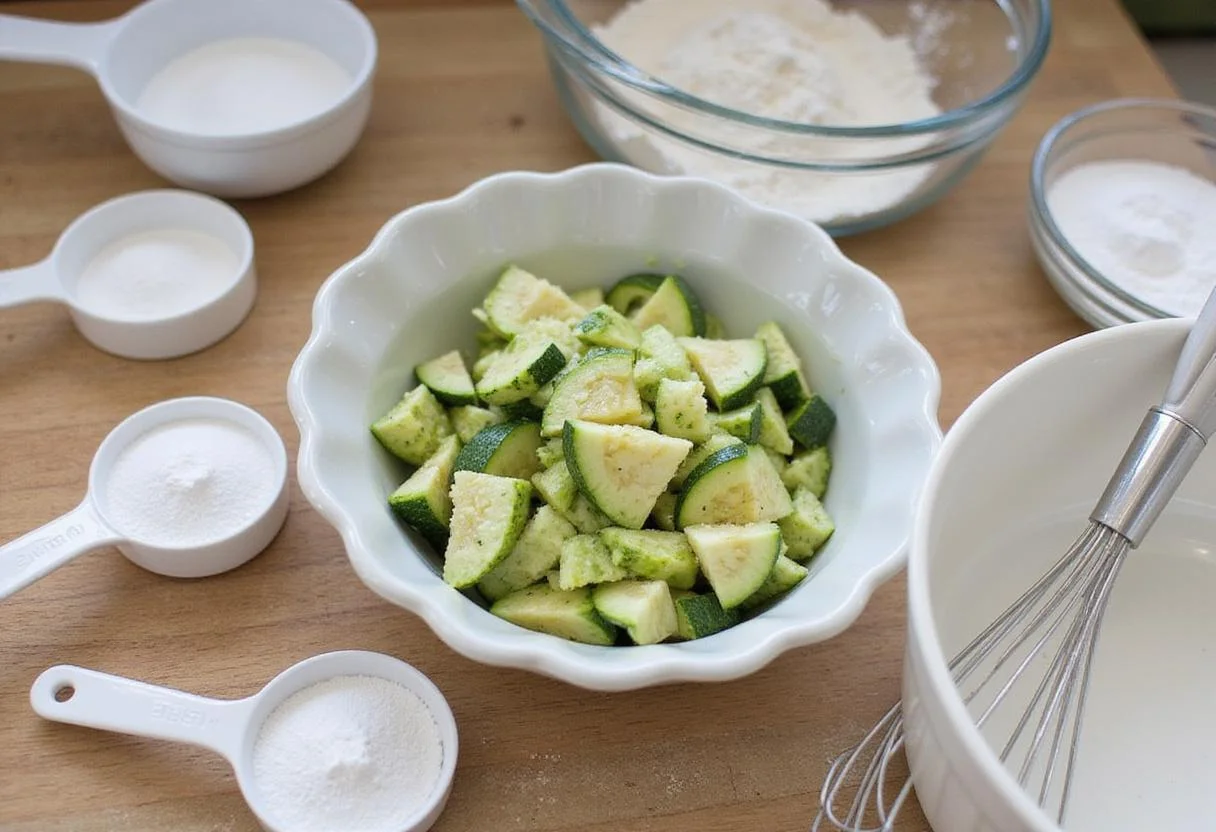 Preparation for zucchini bread recipe with grated zucchini and baking ingredients on the kitchen counter.