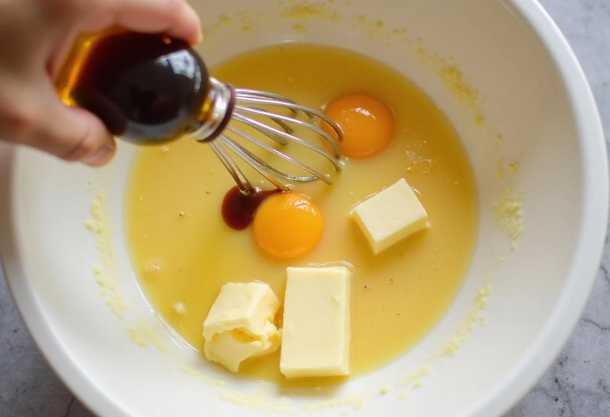 Mixing wet ingredients for a moist zucchini bread recipe, showcasing eggs, vanilla, and butter in a bowl.