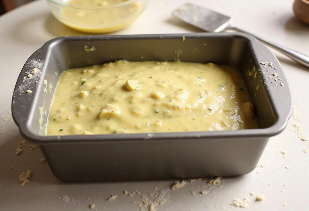 Zucchini bread batter in a loaf pan, ready for baking, showcasing the delicious mixture of ingredients.