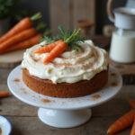 Final presentation of a moist spiced delight carrot cake recipe decorated with cream cheese frosting and fresh carrots.