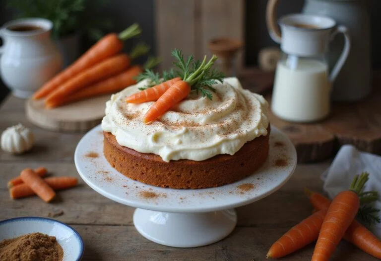 Final presentation of a moist spiced delight carrot cake recipe decorated with cream cheese frosting and fresh carrots.