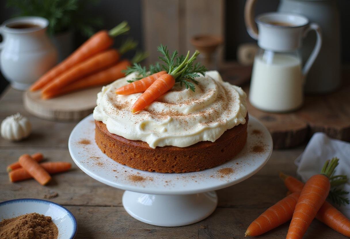 Final presentation of a moist spiced delight carrot cake recipe decorated with cream cheese frosting and fresh carrots.