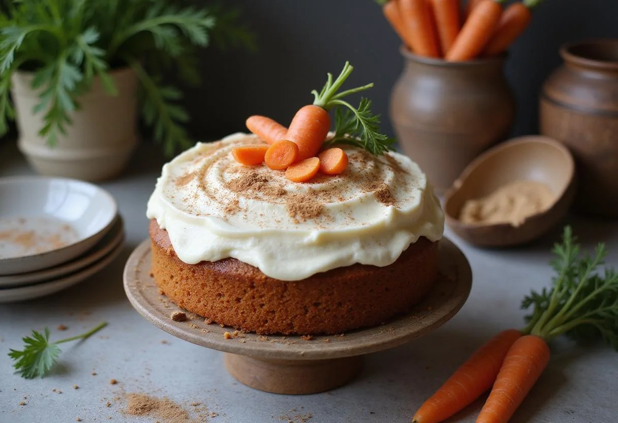 Final presentation of a moist spiced delight carrot cake recipe decorated with cream cheese frosting and fresh carrots.