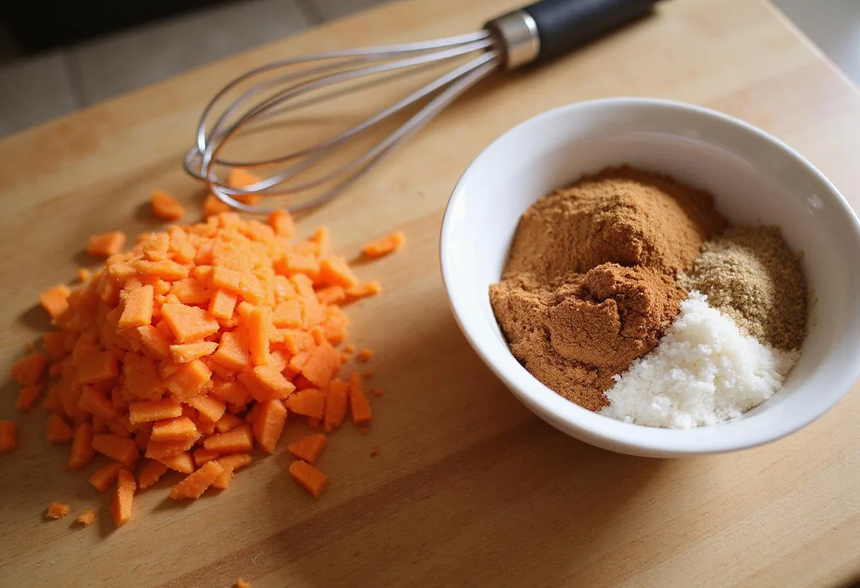 Freshly grated carrots and sugar mixture prepared for a moist spiced delight carrot cake recipe.