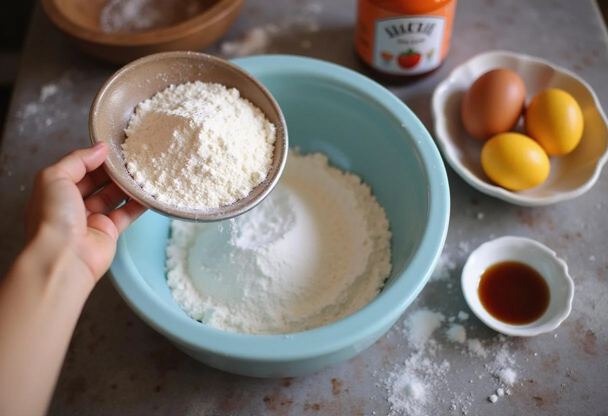 Sifting flour for a moist spiced delight carrot cake recipe with eggs and vanilla extract nearby.