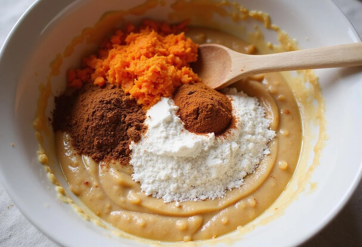 Mixing the batter for a moist spiced delight carrot cake recipe filled with grated carrots and spices.