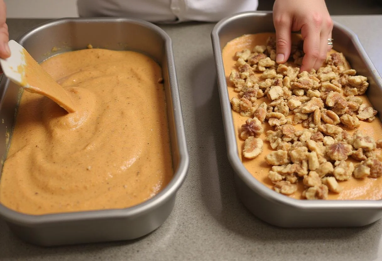 Filling cake pans with batter for a moist spiced delight carrot cake recipe, topped with walnuts.