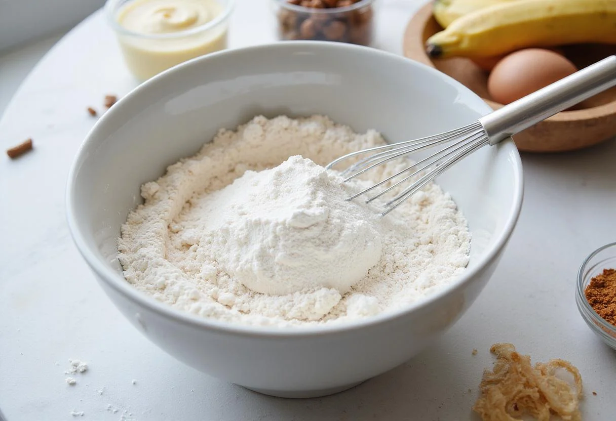 Mixing dry ingredients for fortune cookie recipe on a clean countertop with flour, sugar, and cornstarch.