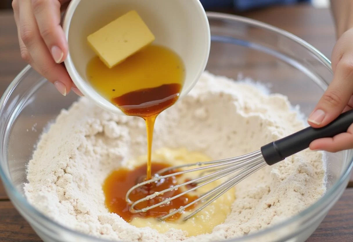 Preparing dough for mystical fortune cookie recipe by adding melted butter and vanilla into dry ingredients.