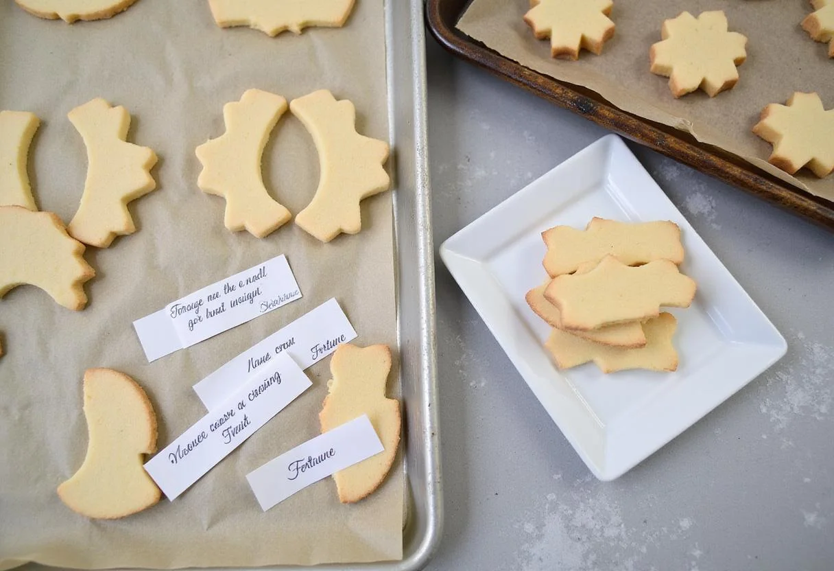 Handwritten fortunes prepared for mystical fortune cookies placed beside a baking sheet for shaping cookies.