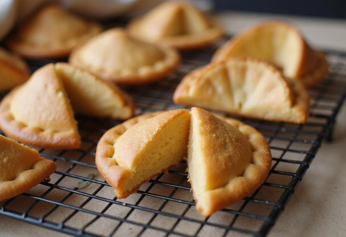 Golden-brown mystical fortune cookies cooling on a wire rack, some cracked open showing hidden fortunes.