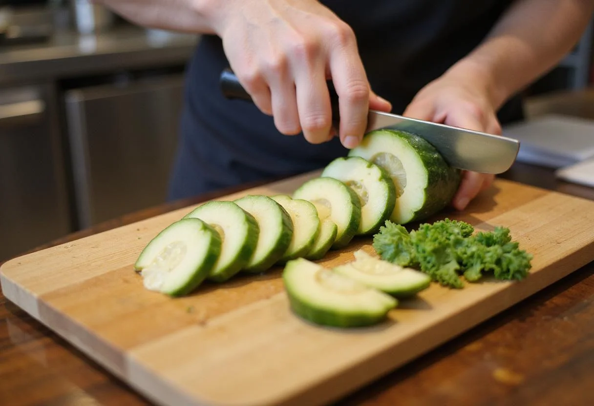 Preparing fresh vegetables for Osaka Sushi Hibachi Sensation on a wooden cutting board, highlighting the ingredients of sushi in Roseville MN.