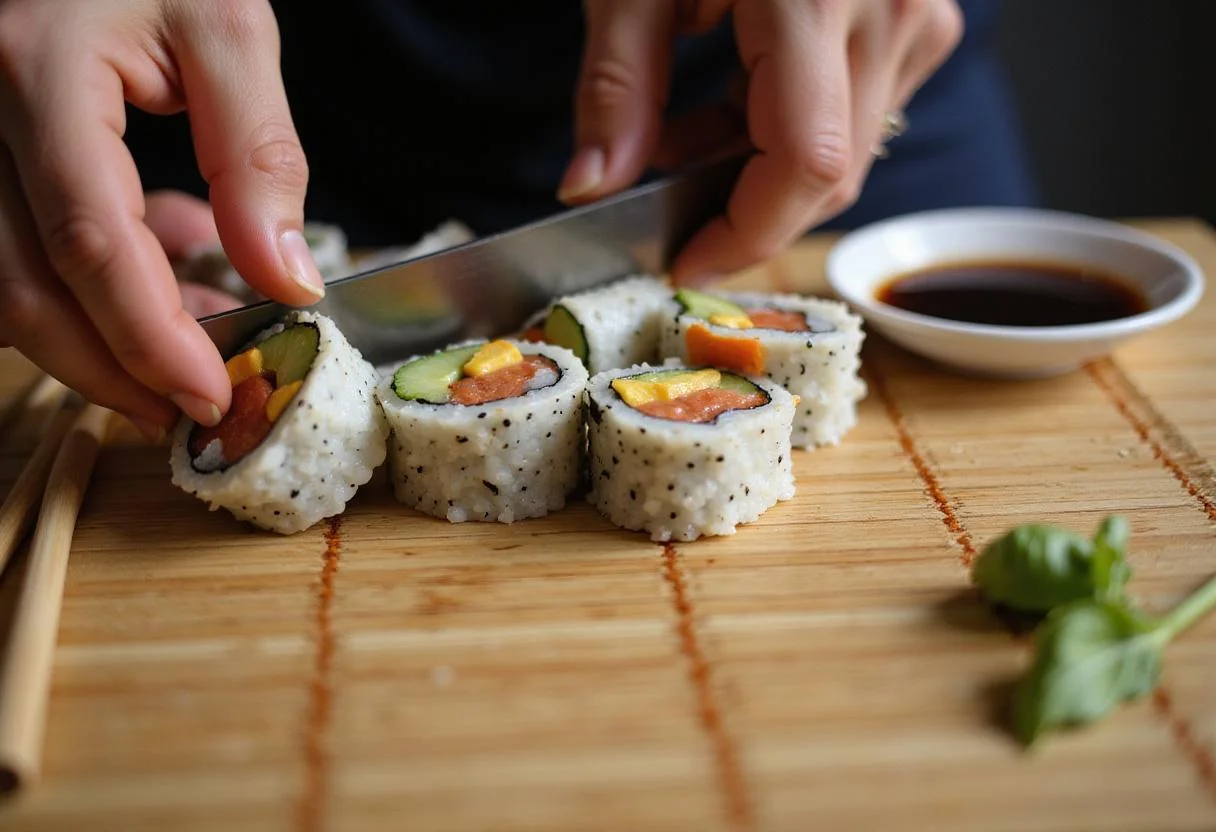 Slicing a completed Osaka Sushi Hibachi Sensation roll into pieces, displaying the vibrant sushi in Roseville MN.