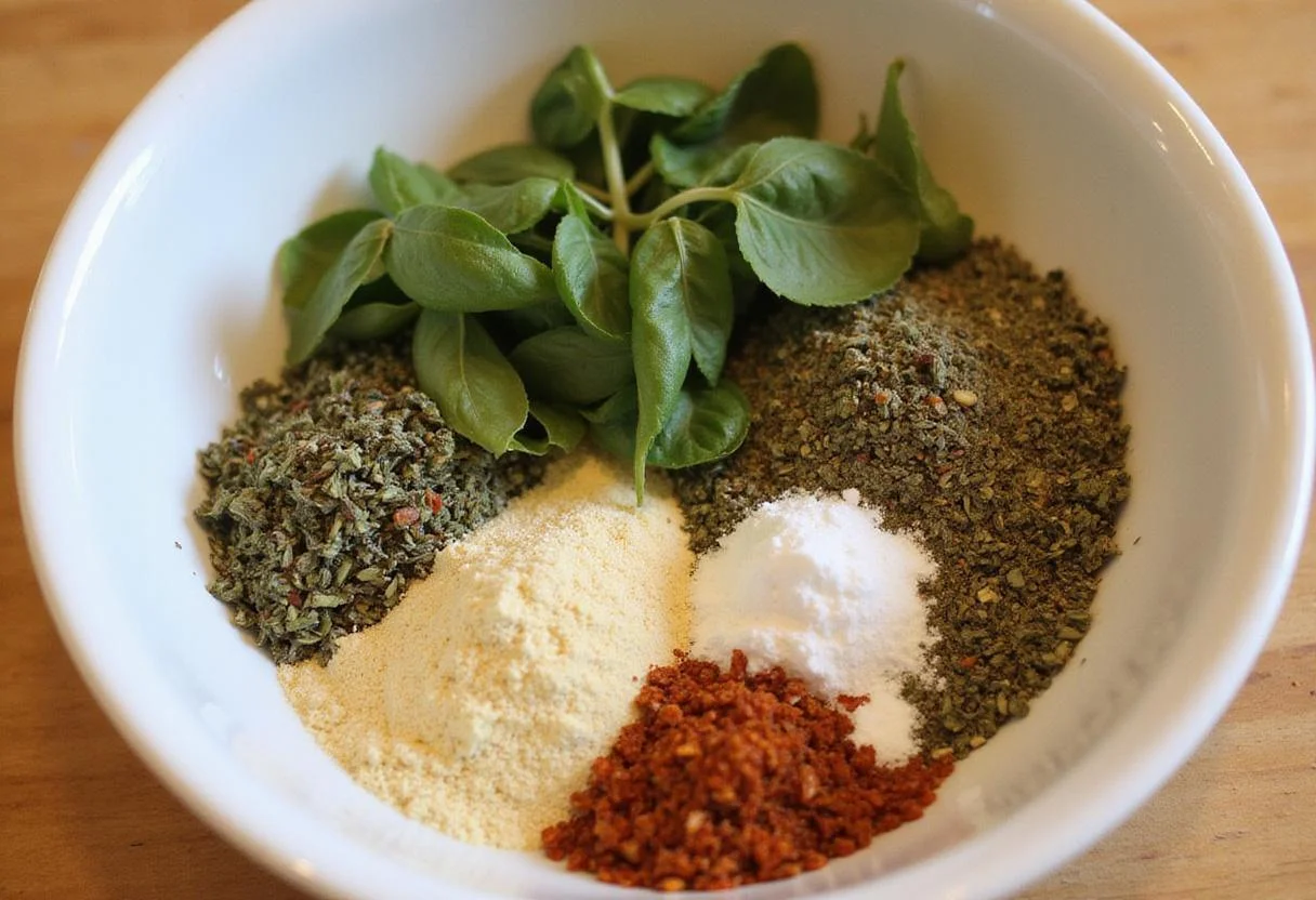 Creating a homemade Italian seasoning substitute with herbs like oregano and basil for flavorful cooking.