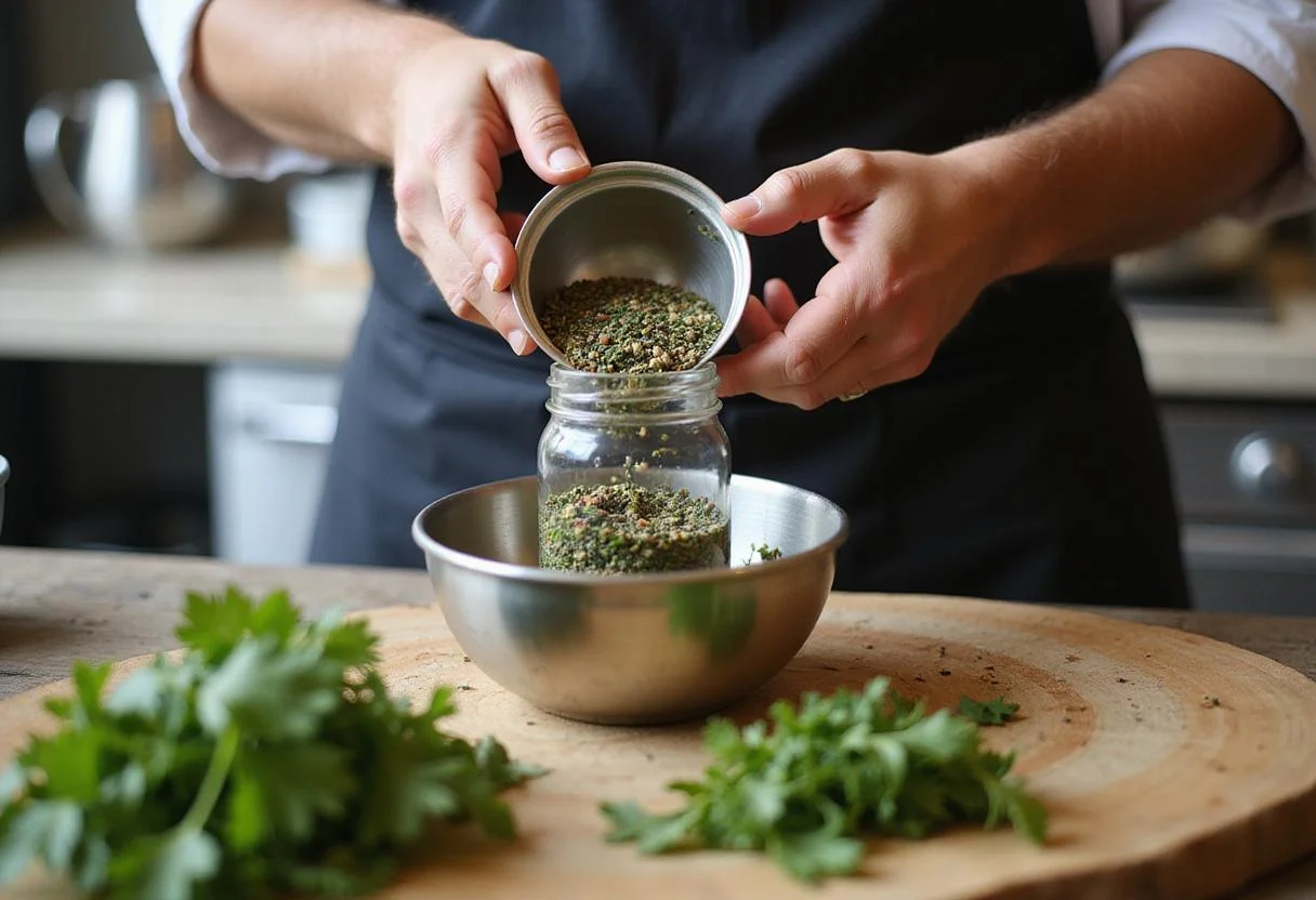 Measuring out a homemade Italian seasoning substitute into a jar, showcasing an essential cooking ingredient.
