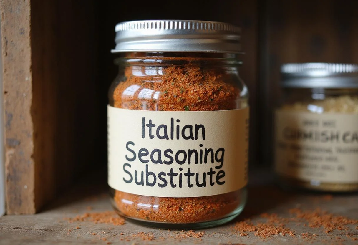 A jar of Italian seasoning substitute ready for use, featuring dried herbs and spices perfect for enhancing recipes.