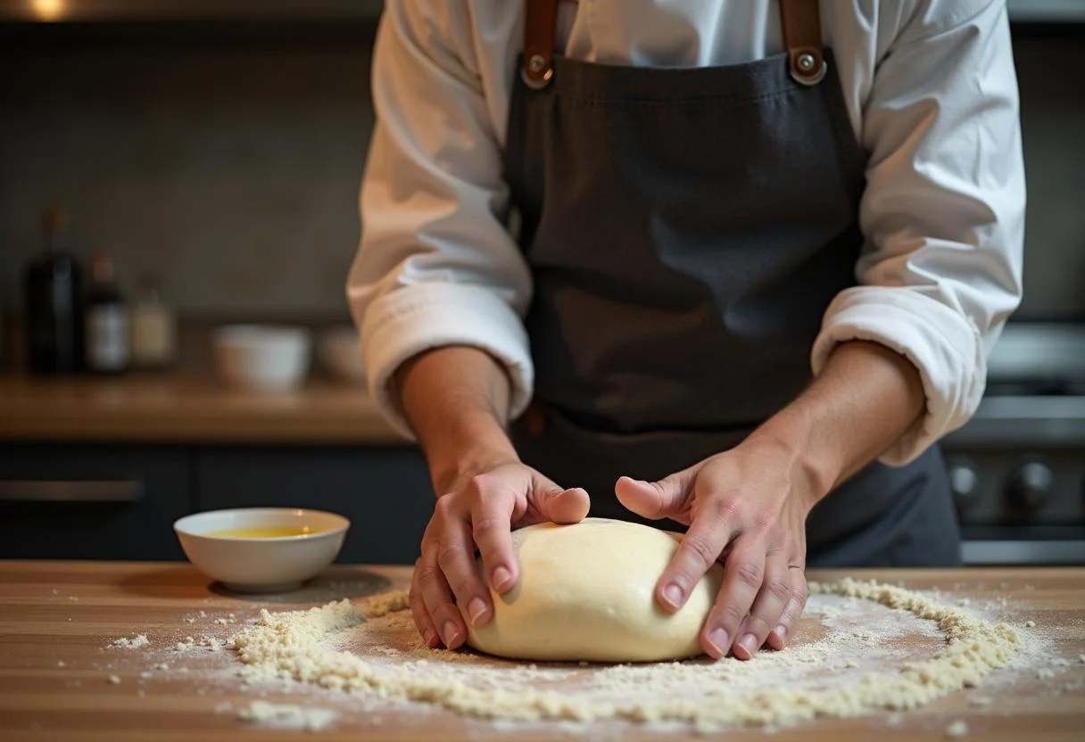 Fresh pizza dough being kneaded by a chef, perfect for Pizza Bella's Best, showcasing hands-on preparation for delicious pizza.