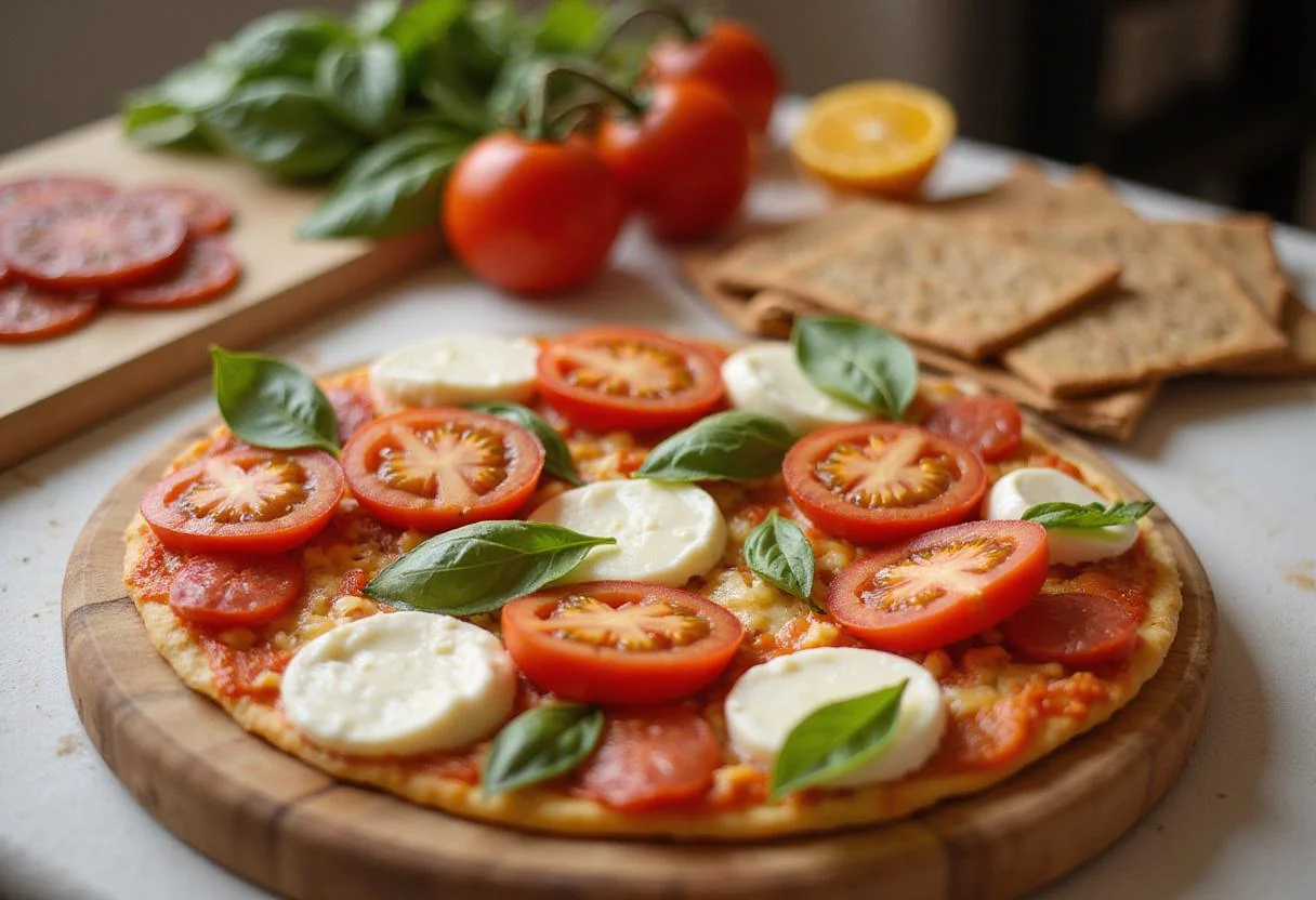 A vibrant array of toppings for Pizza Bella's Best pizza, featuring tomatoes, mozzarella, and fresh basil, inviting for a perfect homemade pizza experience.