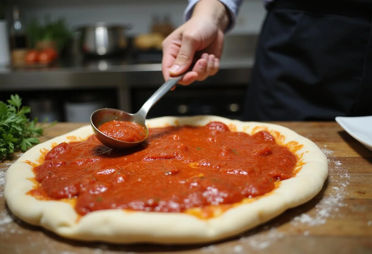 Tomato sauce being spread on pizza dough for Pizza Bella's Best, highlighting the preparation process in a warm kitchen atmosphere.