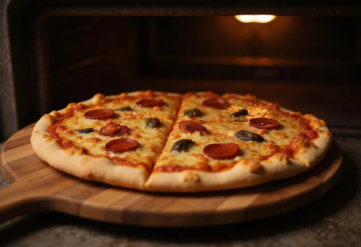 Delicious freshly baked Pizza Bella's Best being placed on a cutting board, showcasing the final baking step in pizza preparation.