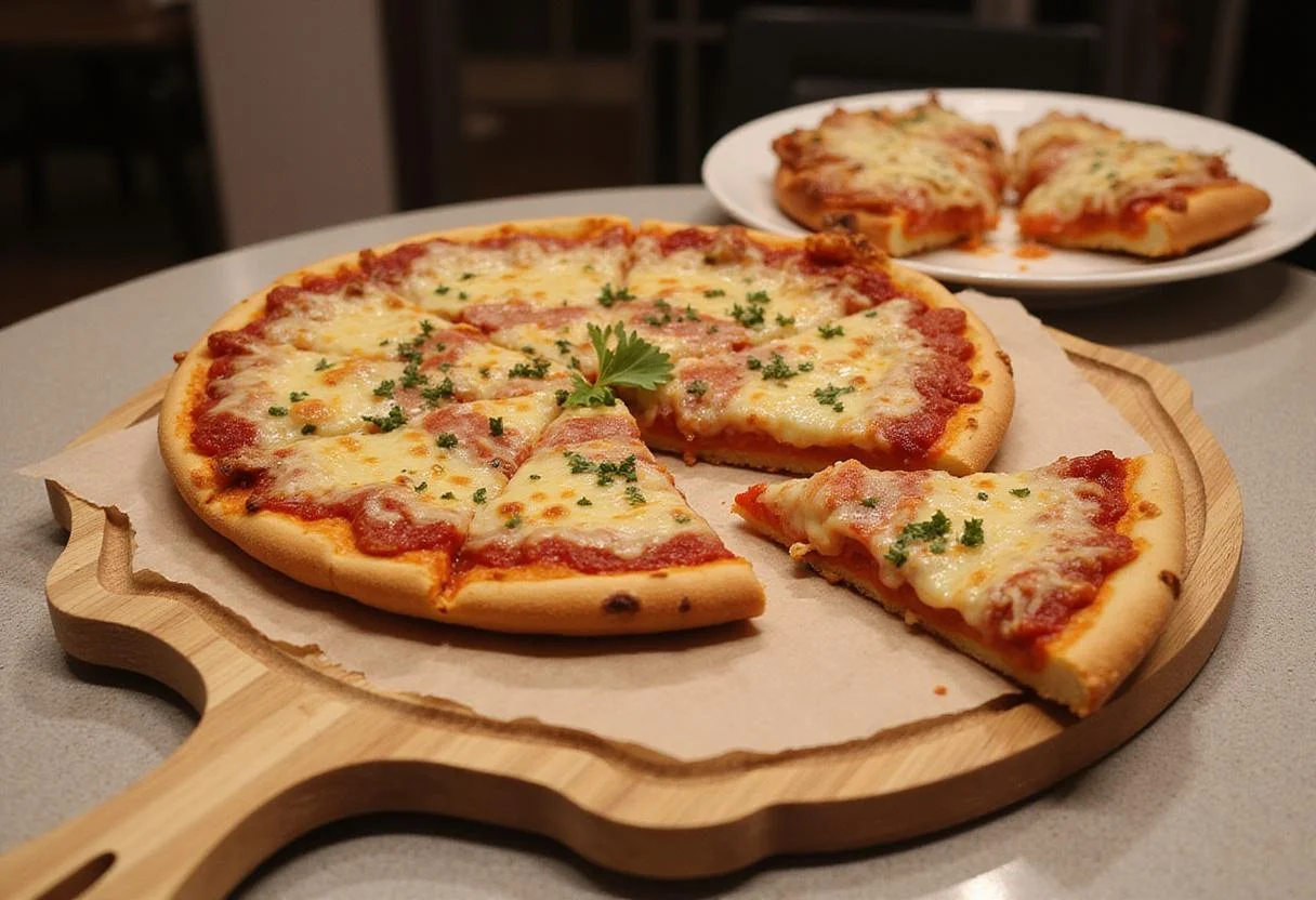 Final presentation of Pizza King's Best, a delicious pizza king greensburg delicacy served on a wooden board.