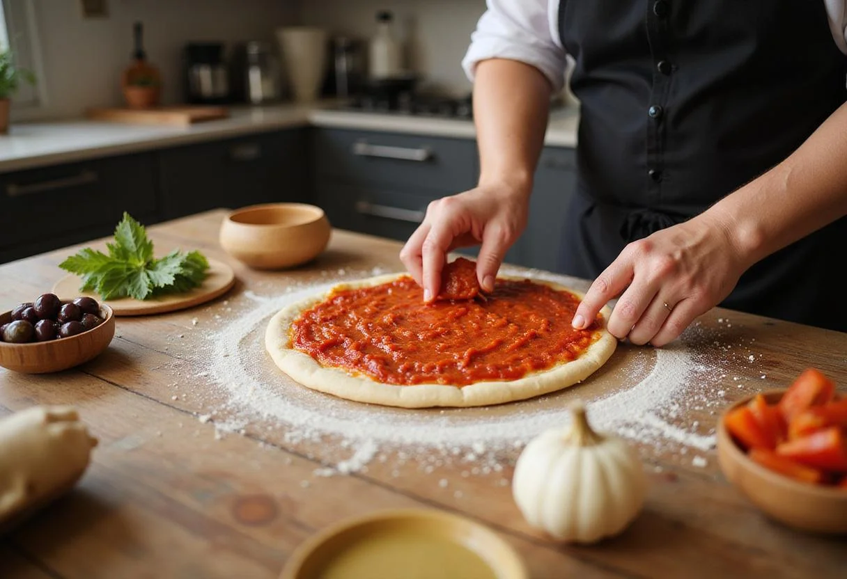 Preparing Pizza King's Best with tomato sauce on dough, delicious pizza king greensburg.
