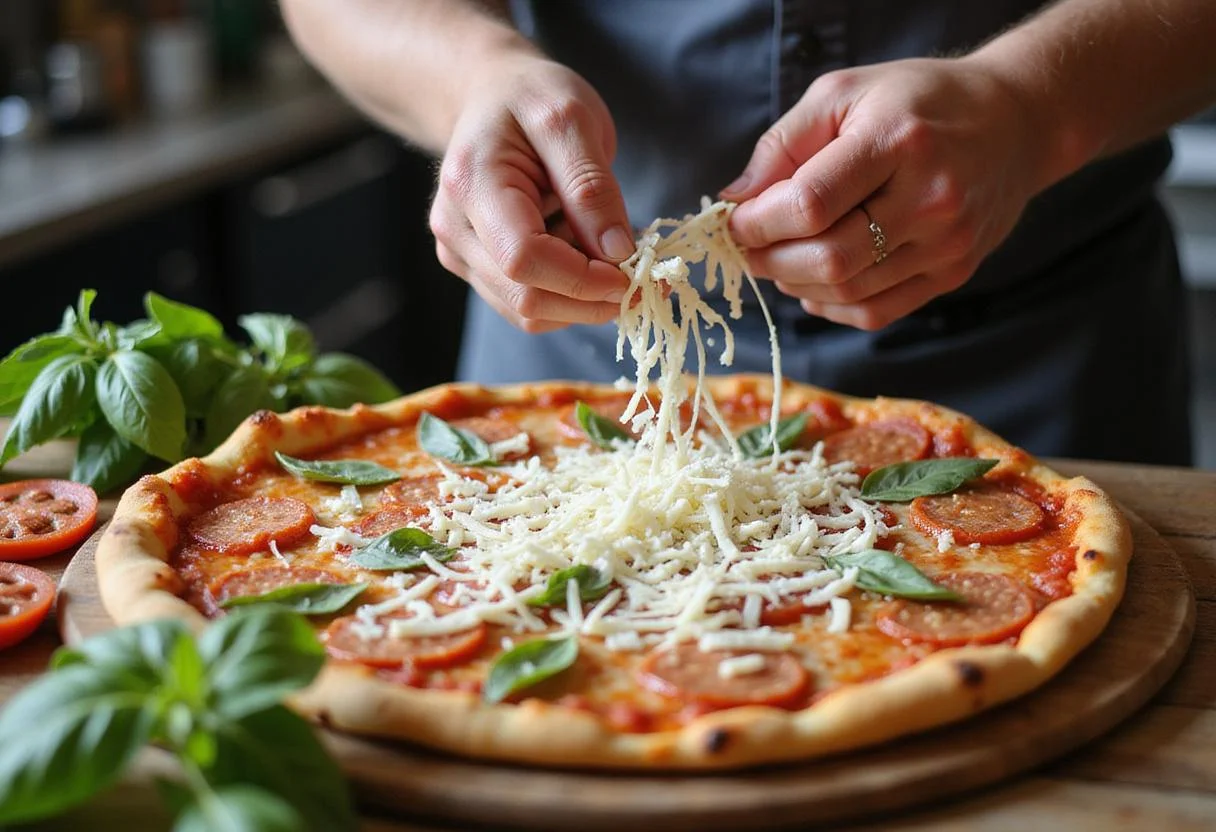 Adding mozzarella cheese to Pizza King's Best, pizza king greensburg topped with basil and pepperoni.