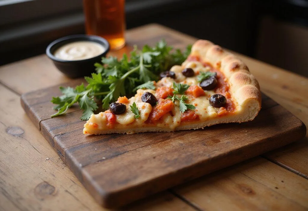 Delicious slice of Pizza Ranch's best pizza in North Platte, served on a wooden board with rich garnishes and dipping sauce.