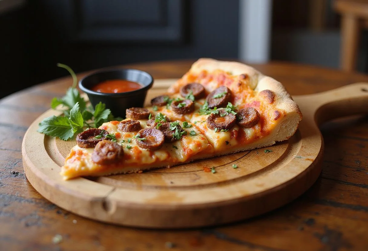 Delicious slice of Pizza Ranch's best pizza in North Platte, served on a wooden board with rich garnishes and dipping sauce.