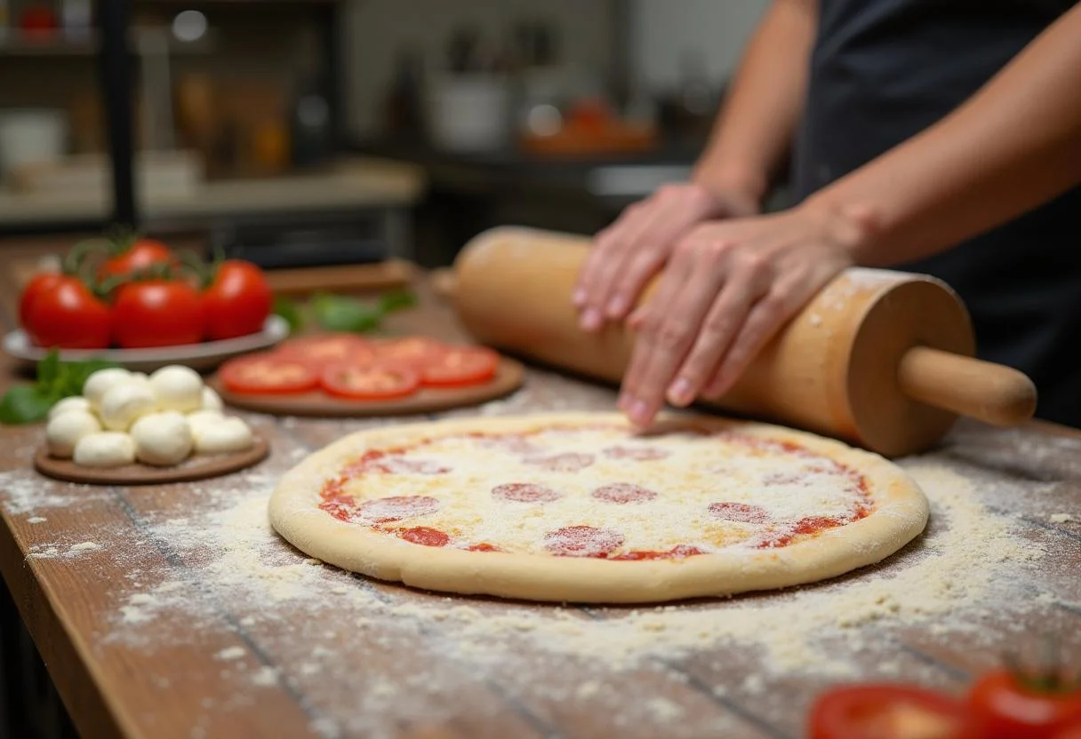 Fresh pizza dough preparation at Pizza Ranch North Platte, showcasing a chef rolling dough with vibrant toppings.