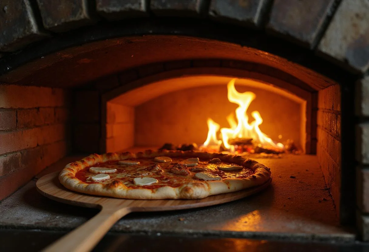Baking the best pizza at Pizza Ranch, showcasing the authentic atmosphere of a brick oven cooking in North Platte.