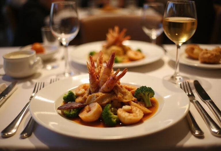 Elegant table setting with finished seafood medley, reflecting a premium seafood experience with wine and fine dining ambiance.