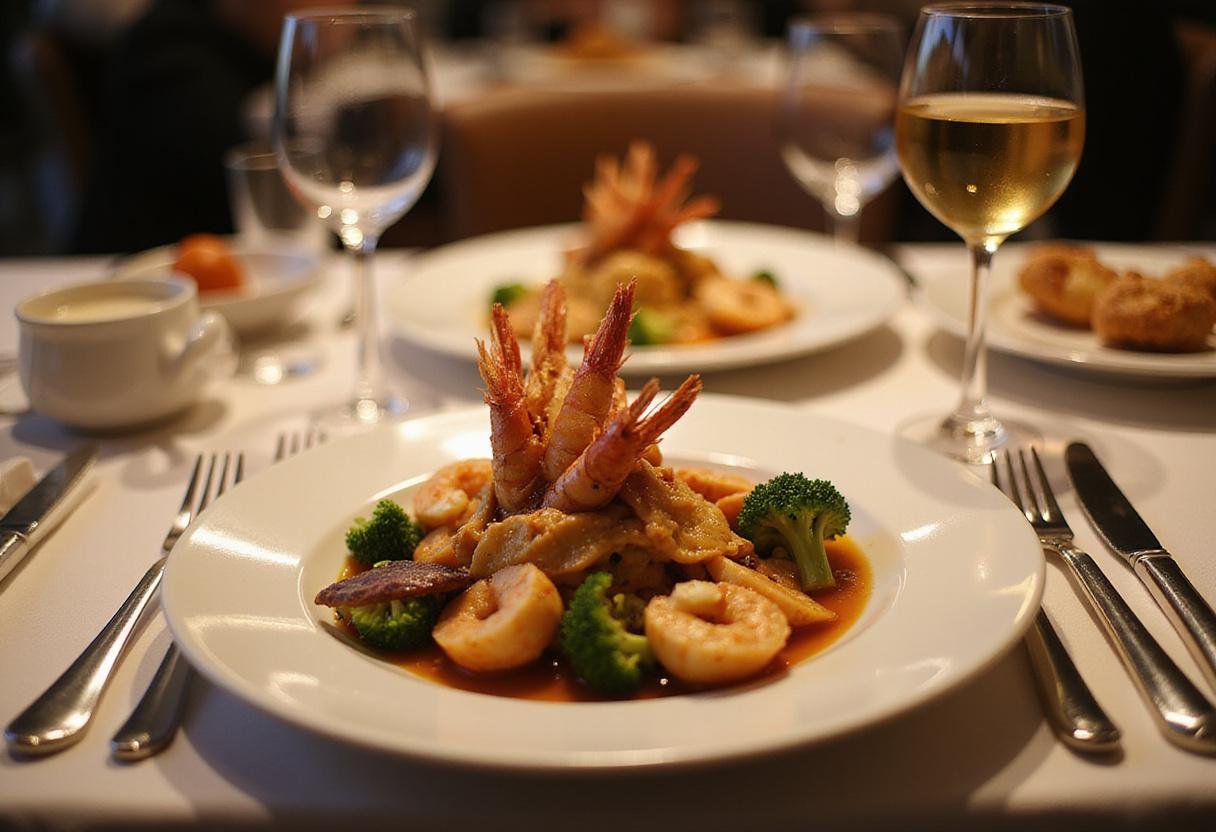Elegant table setting with finished seafood medley, reflecting a premium seafood experience with wine and fine dining ambiance.